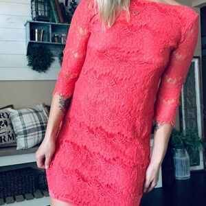 Jessica Howard hot pink/coral lace overlay fringe trim mini dress